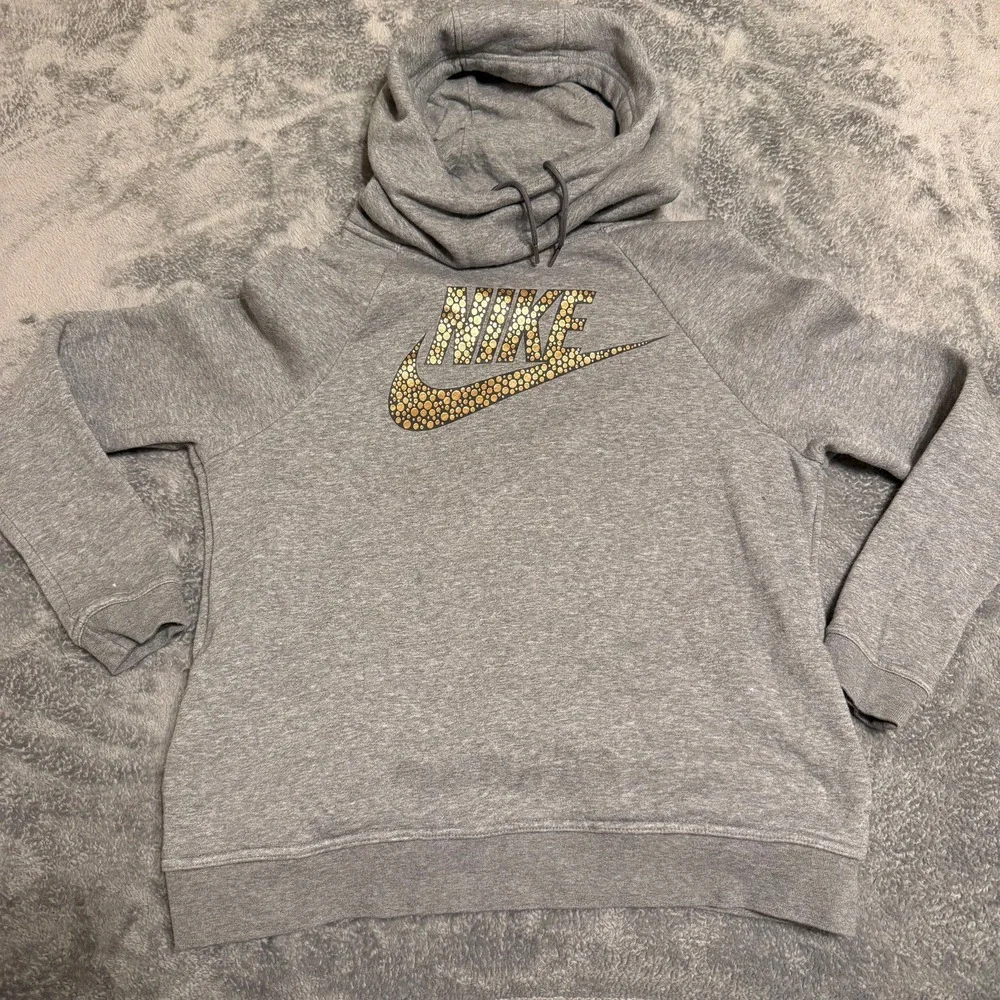 Nike Women Gray Hoodie Sweatshirt‎ Gold Mosaic Logo Pullover Cowl Neck Size M